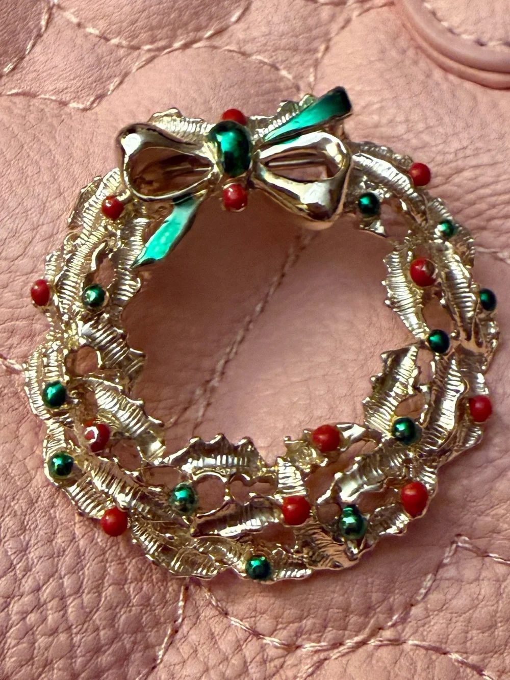 Gold-Tone Holiday Wreath Brooch with Red & Green Accents